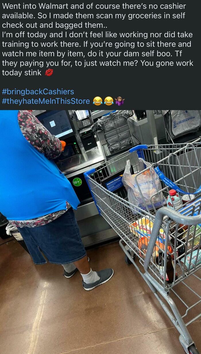 Walmart self-checkout scene with shopper and employee bagging groceries, shopping cart full — next-level jerks captioned post