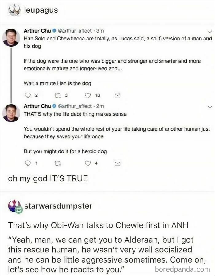 Tweet discussing a funny Star Wars meme about Han Solo, Chewbacca, and the life debt concept in movie memes.