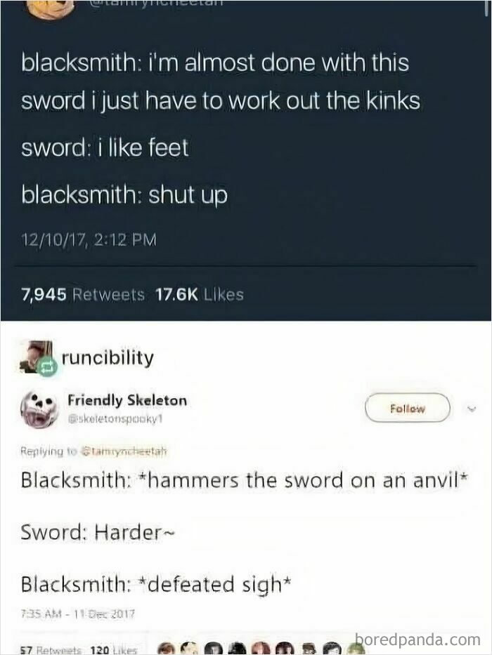Funny movie meme showing a humorous Twitter exchange about a blacksmith and a talking sword with quirky dialogue.