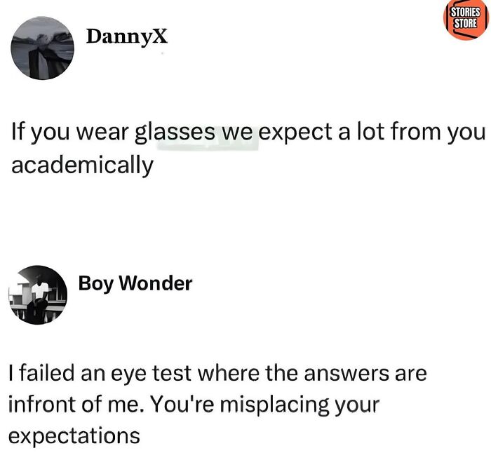 Text meme conversation about wearing glasses and academic expectations, featured in movie memes collection.