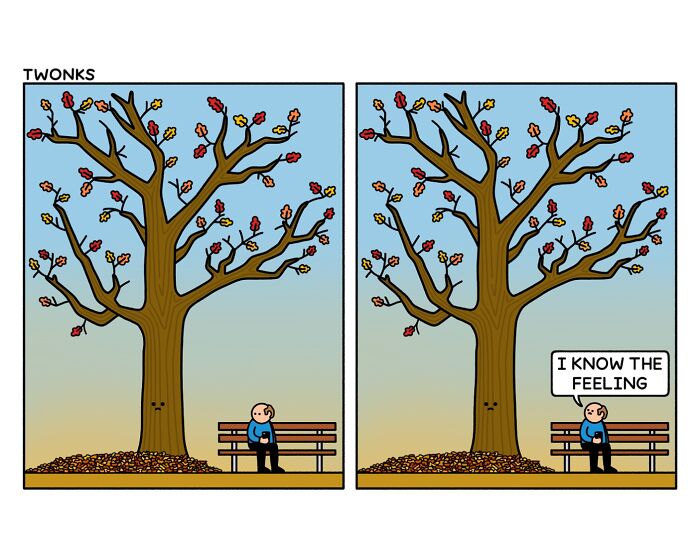 Comic illustration by artist showing a person on a bench sharing feelings with a tree in a humorous scene.