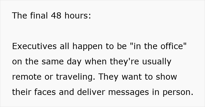 Text describing subtle red flags showing your job is not safe as executives appear in office unexpectedly to deliver messages.