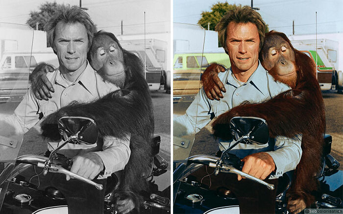 Side-by-side black and colorized photos of a man riding a motorcycle with an orangutan hugging him in a historic scene.
