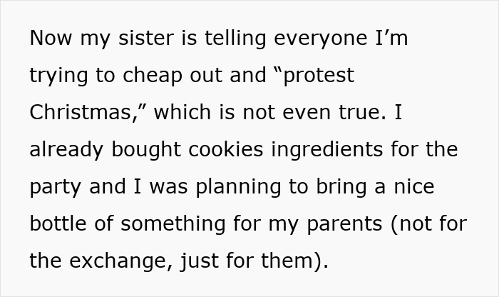 Text message about family Secret Santa drama as sister turns gift exchange into a luxe shopping list causing a drop out.