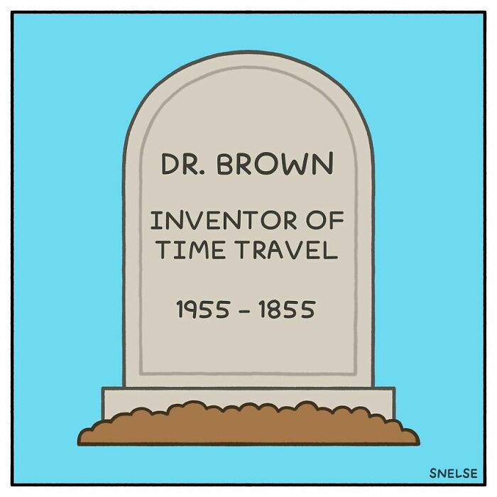 Gravestone illustration humorously depicting time travel with reversed birth and death dates by comic artist.