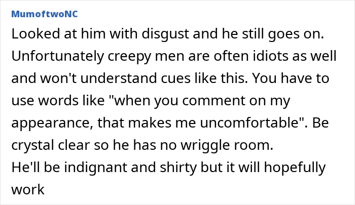Comment from MumoftwoNC about a guy who won't leave his younger colleague alone, suspecting inappropriate intentions. Comment from MumoftwoNC about a guy who won't leave his younger colleague alone, suspecting inappropriate intentions.