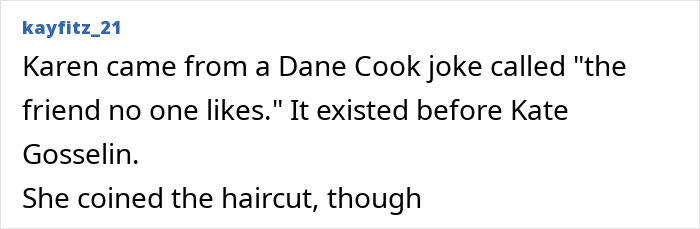 Social media comment explaining the origin of the Karen term and its association with a specific haircut style.