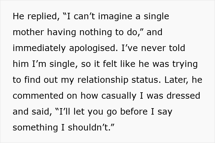 Text excerpt showing a younger colleague suspecting inappropriate intentions as a guy won't leave her alone at work. Text excerpt showing a younger colleague suspecting inappropriate intentions as a guy won't leave her alone at work.