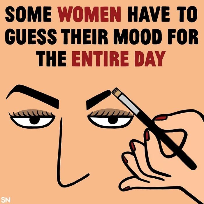 Illustration comic showing a woman filling in eyebrows with text about guessing mood for the entire day.