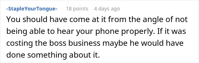 Screenshot of a Reddit comment discussing a man refusing to stop blasting Christmas music in the office causing coworker frustration.