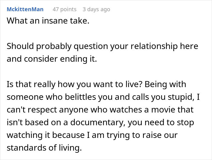 Screenshot of a Reddit comment criticizing a man shaming his girlfriend for loving fiction, calling it make-believe lowering her IQ.