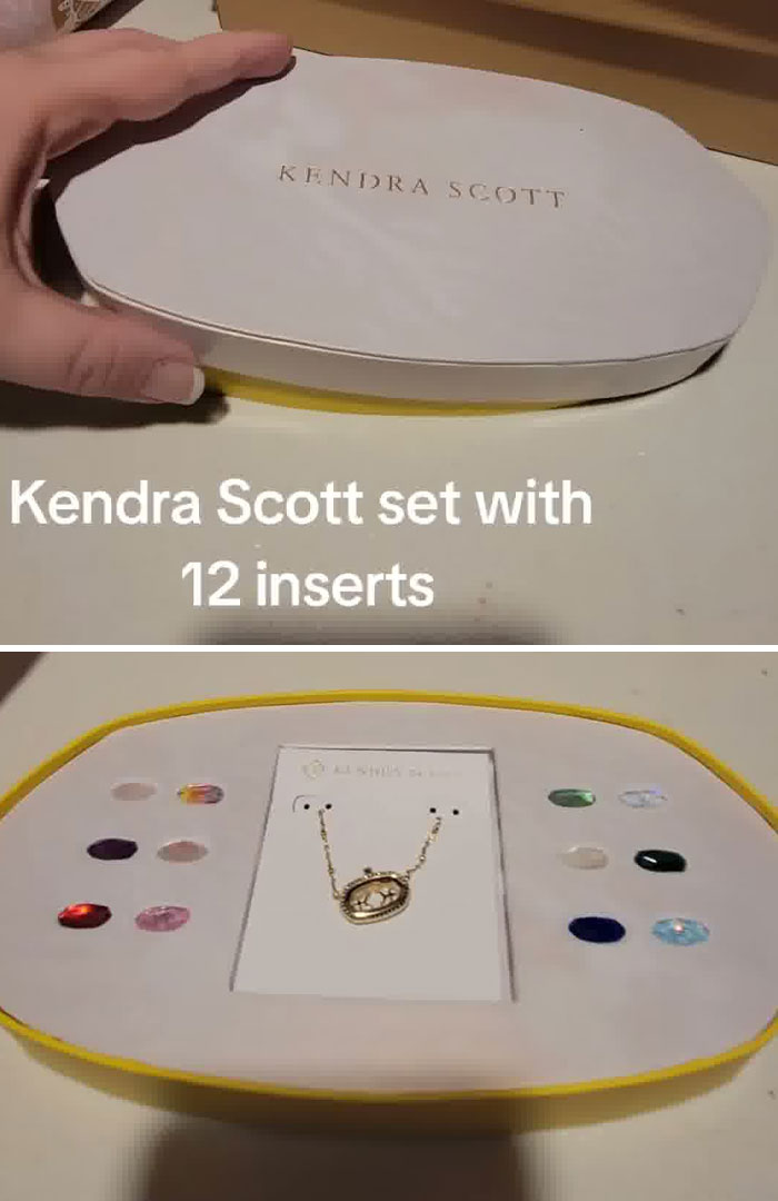 Hand holding a Kendra Scott jewelry set with 12 colorful inserts as part of a Christmas gift haul for daughter.