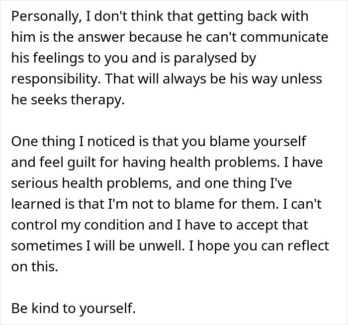 Text discussing regret after divorce and the importance of self-reflection and accepting health challenges. Text discussing regret after divorce and the importance of self-reflection and accepting health challenges.