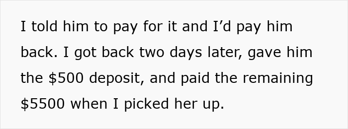 Text discussing an entitled mother and the expenses split between her son and his girlfriend involving payments and deposits. Text discussing an entitled mother and the expenses split between her son and his girlfriend involving payments and deposits.