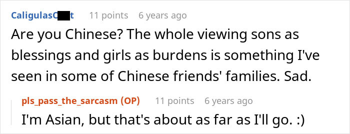 Reddit conversation discussing cultural views on sons and daughters with brother makes bil pay dinner comment.