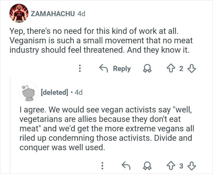 Screenshot of an online discussion about veganism and activists from an ex-employee who discredited veganism online.