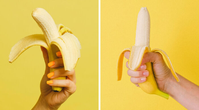 Two hands holding peeled bananas against a yellow background illustrating school uniforms vs casual wear choice.