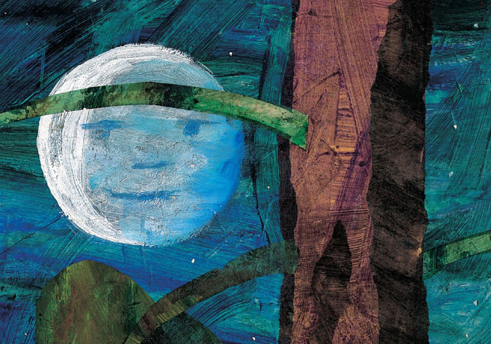 Abstract painting of a tree and moon with textured brush strokes illustrating the theme of kids' spicy roasts.