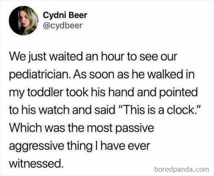 Screenshot of a chaotic non-political tweet about a toddler's passive-aggressive response to waiting for a doctor.