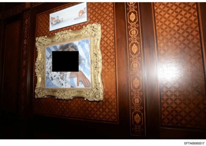 Ornate framed artwork on wooden paneled wall in NYC townhouse linked to Epstein file dump revealing troubling art. Ornate framed artwork on wooden paneled wall in NYC townhouse linked to Epstein file dump revealing troubling art.
