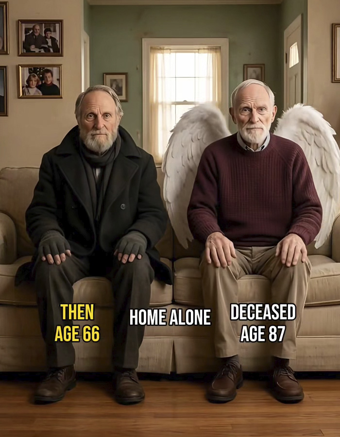 Two elderly men seated on a couch, one labeled then age 66, the other deceased age 87 with angel wings, Home Alone theme.