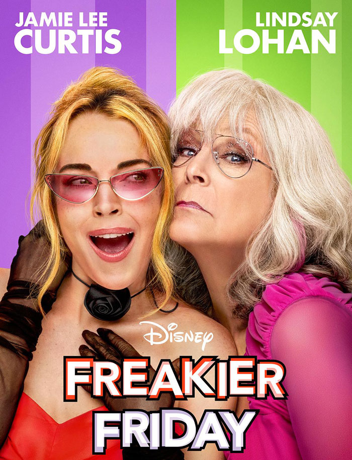 Promotional poster for Freaky Friday featuring Jamie Lee Curtis and Lindsay Lohan with bright colorful backgrounds. Promotional poster for Freaky Friday featuring Jamie Lee Curtis and Lindsay Lohan with bright colorful backgrounds.