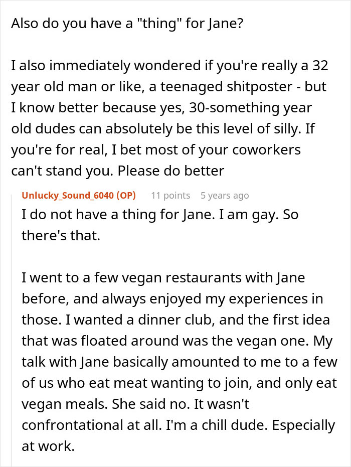 Screenshot of a Reddit conversation where an employee pushes back against a vegan-only club at work. Screenshot of a Reddit conversation where an employee pushes back against a vegan-only club at work.