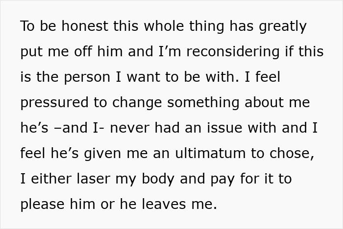 Alt text: Woman reconsidering relationship after boyfriend demands laser removal of all body hair in online controversy.