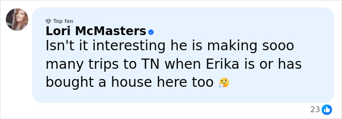 Comment from Lori McMasters mentioning JD Vance, Erika Kirk, and trips to Tennessee related to marriage speculation. Comment from Lori McMasters mentioning JD Vance, Erika Kirk, and trips to Tennessee related to marriage speculation.