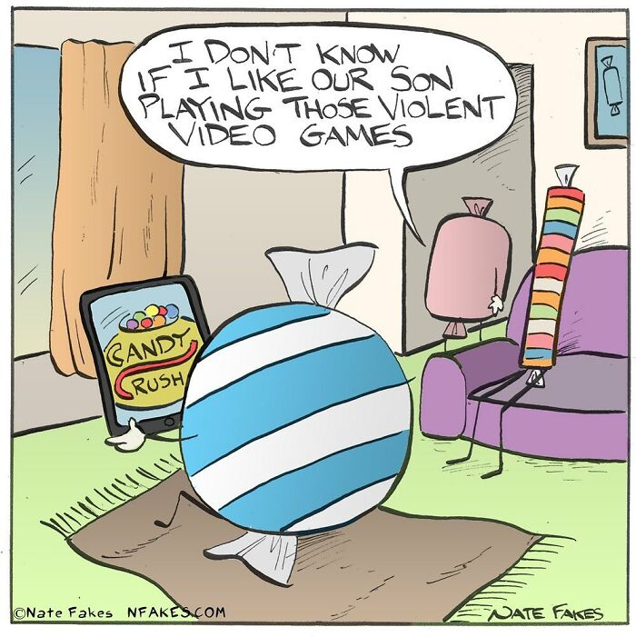 Comic by Nate Fakes featuring animated candy characters discussing concerns about violent video games in a living room setting.