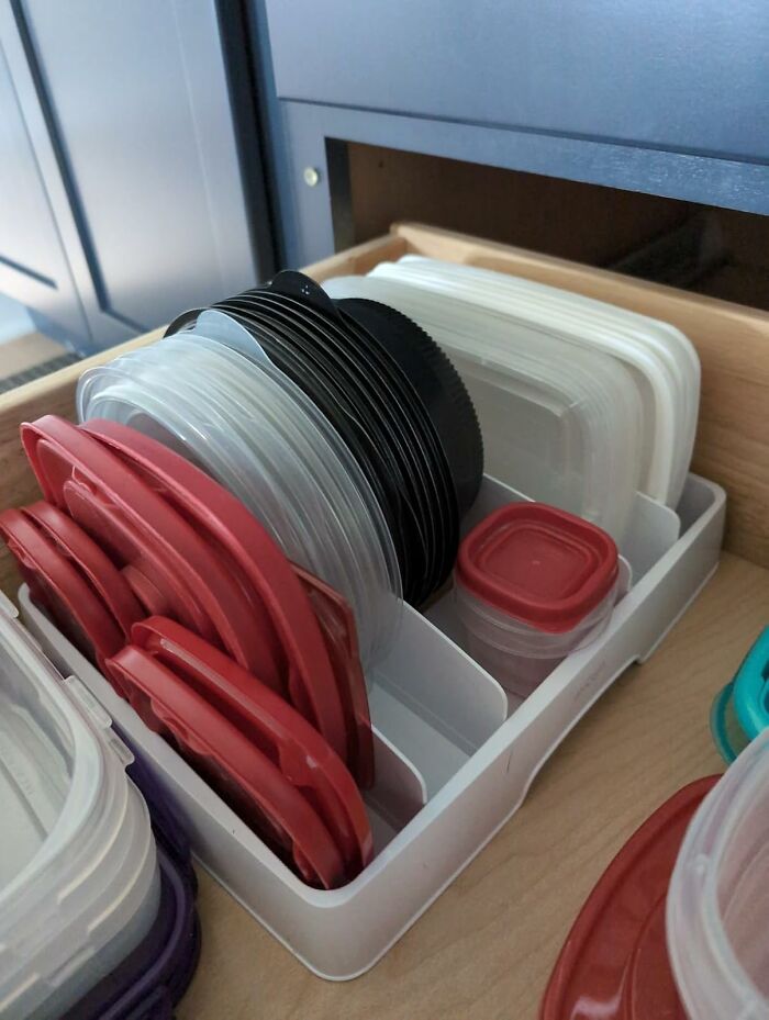  Opening The Cabinet Without Ducking For Cover From A Plastic Avalanche Is Finally Possible When The Food Container Lid Organizer Racks Up Those Unruly Discs So They Don't Attack You