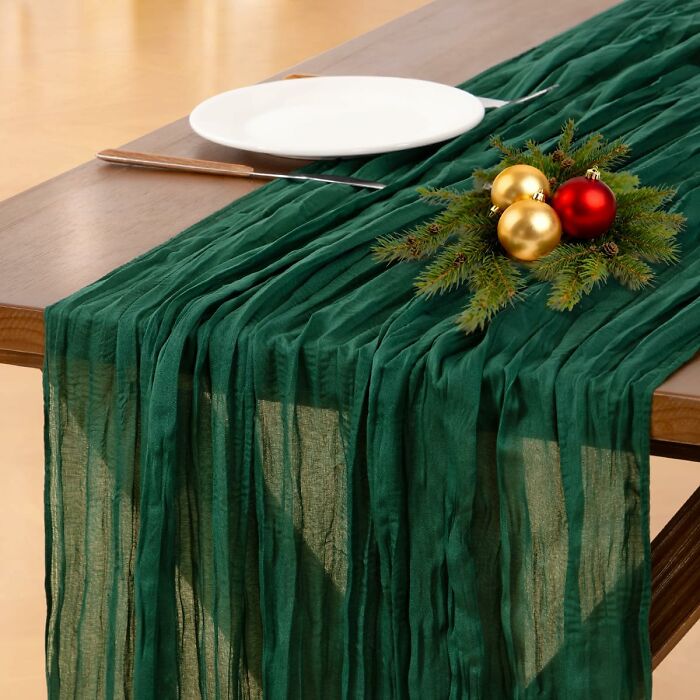 This Green Gauze Table Runner Adds A Whisper Of Color And Texture That Complements Any Christmas Theme