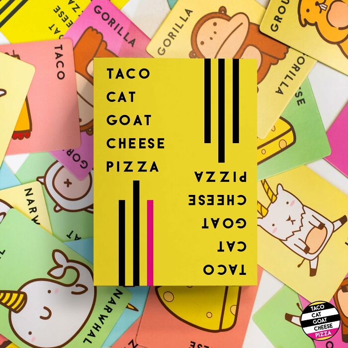 Colorful card game set titled Taco Cat Goat Cheese Pizza surrounded by illustrated animal cards, a fun gift idea for last-minute guests.