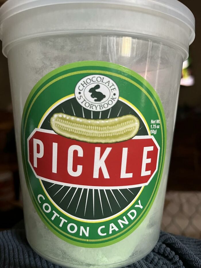 Container of pickle-flavored cotton candy from Chocolate Storybook, a wacky food gift for snack-obsessed friends.