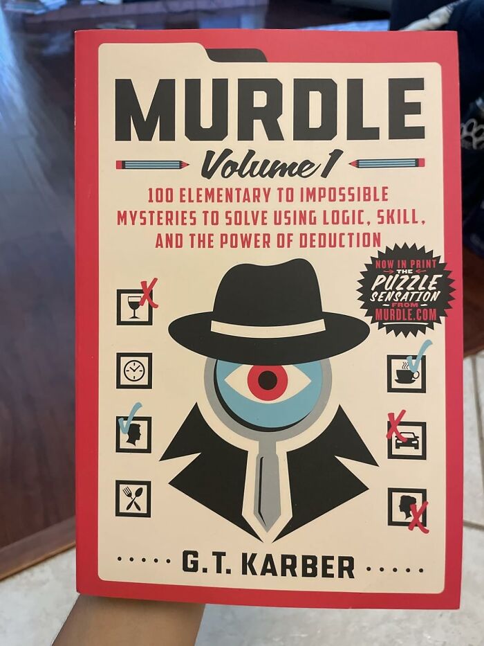 Book cover of Murdle Volume 1 featuring logic puzzles and a detective hat for best sellers and delusional 2025 trends.
