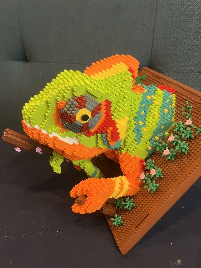Colorful block-built chameleon art piece displayed as a unique gift idea for Hobby Lobby shoppers.