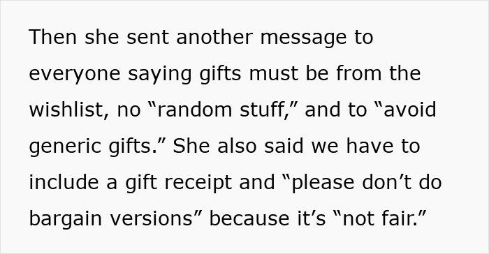 Text showing a family member demanding gifts from a wishlist with no generic or bargain versions for Secret Santa.