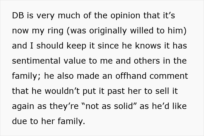 Text excerpt about woman pawning family heirloom ring and conflict after sister-in-law buys it back over sentimental value. Text excerpt about woman pawning family heirloom ring and conflict after sister-in-law buys it back over sentimental value.