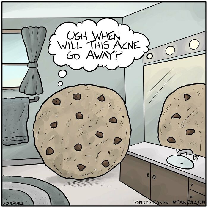 Cookie with chocolate chips looking in bathroom mirror, thinking about when its acne will go away in Nate Fakes comic.