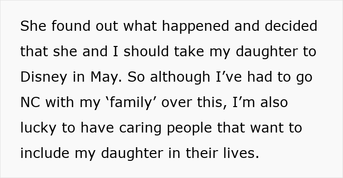 Text about mom angry after dad and stepmom plan Disney trip excluding her and daughter, causing her to cut contact.