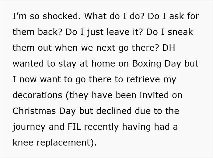 Text expressing shock and uncertainty about asking for sentimental Christmas ornaments back from mother-in-law’s tree.