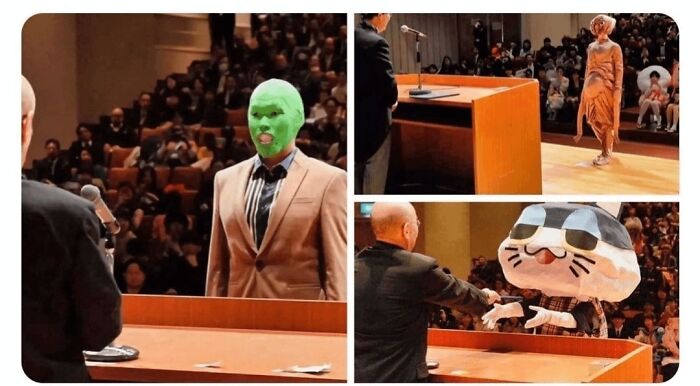 Three random pics showing people in unusual costumes on stage making the audience laugh before they know why.