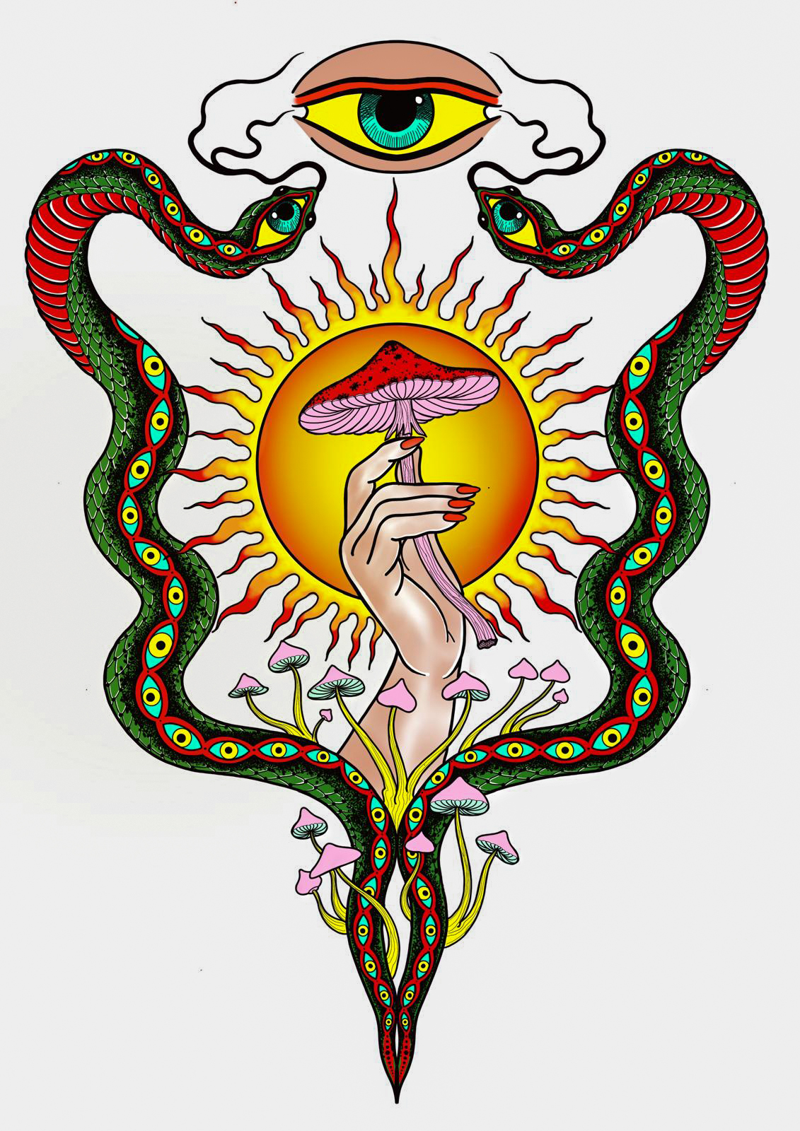 Psychedelic tattoo design featuring a hand holding a mushroom, two green snakes with eyes, and a glowing sun with an eye above. Psychedelic tattoo design featuring a hand holding a mushroom, two green snakes with eyes, and a glowing sun with an eye above.