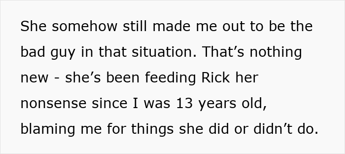 Text on screen describing a mom feeling blamed and excluded in a family conflict involving a planned Disney trip. Text on screen describing a mom feeling blamed and excluded in a family conflict involving a planned Disney trip.