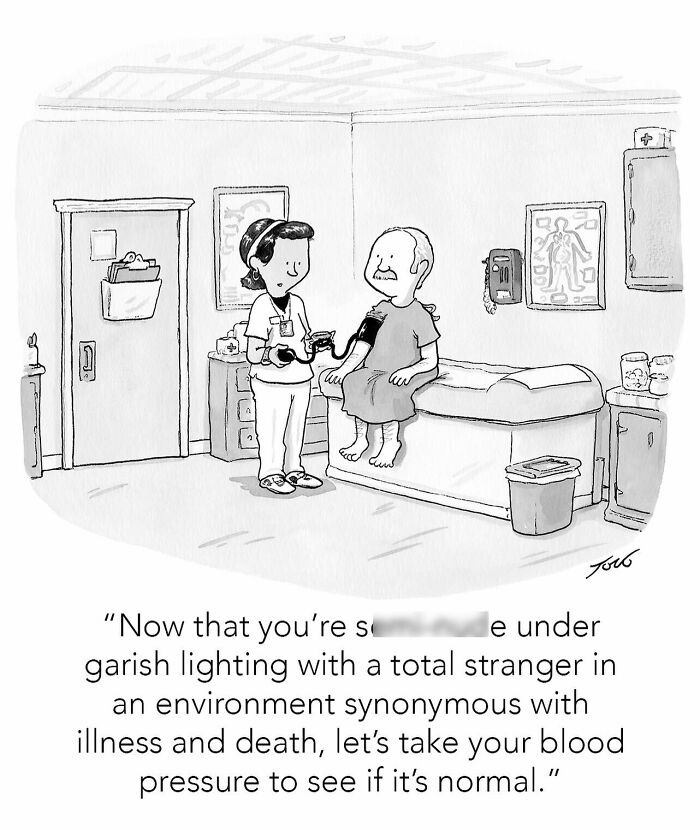 One-panel comic by New Yorker cartoonist Tom Toro showing nurse taking a patient's blood pressure in a medical exam room.