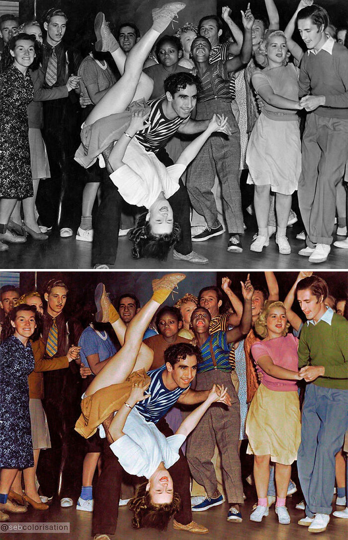 Vintage dance party scene shown in black and white and colorized versions by artist colorizing old photos.
