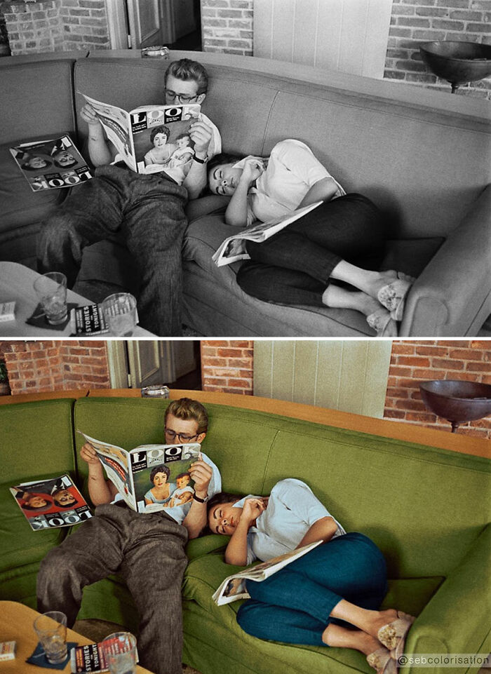Side-by-side black and colorized versions of an old photo showing two people relaxing on a couch, highlighting artist colorizes old photos.
