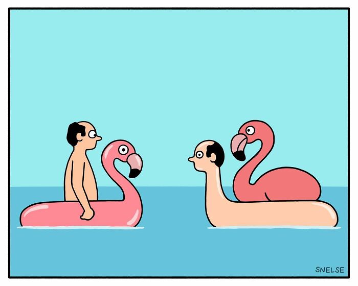 Two men on flamingo pool floats face each other in a humorous comic illustration by a comedy artist.