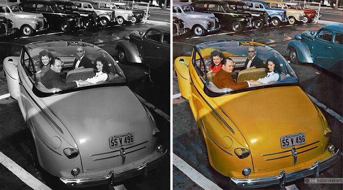 Side-by-side comparison of a black and white and colorized vintage photo showing people in a yellow car, old cars parked nearby.