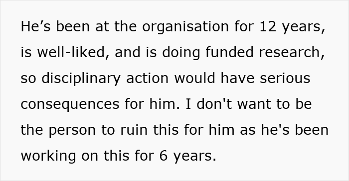 Text excerpt describing a well-liked employee with concerns over inappropriate intentions from a younger colleague at work. Text excerpt describing a well-liked employee with concerns over inappropriate intentions from a younger colleague at work.